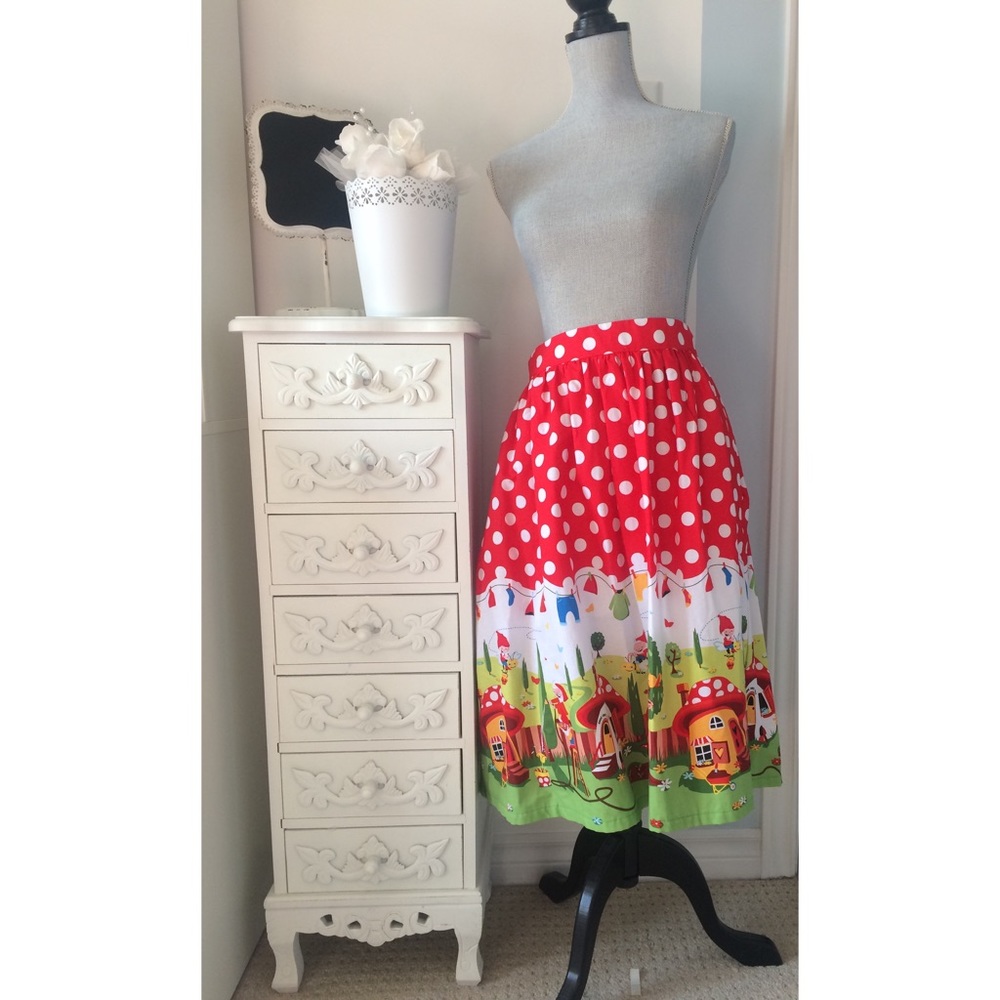 Vintage-Inspired Red Polka Dot Circle Skirt with Village Print